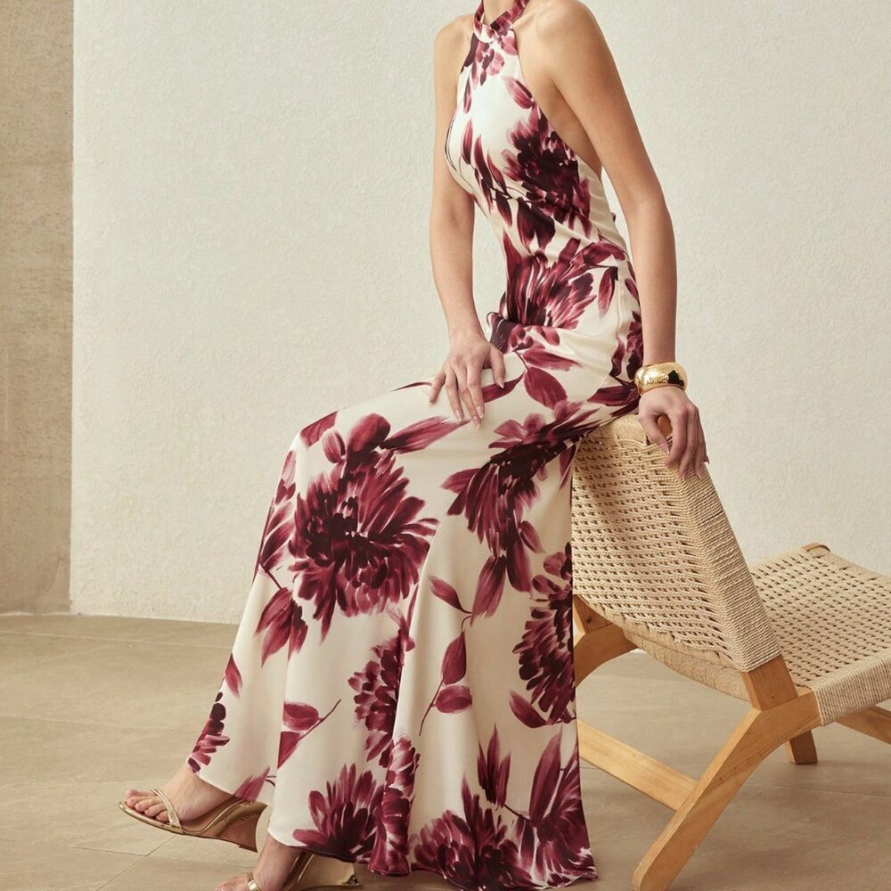 Burgundy Boho Women's Elegant Backless Dress